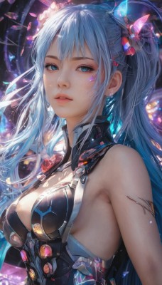 1girl,solo,long hair,breasts,looking at viewer,bangs,blue eyes,hair ornament,cleavage,bare shoulders,jewelry,medium breasts,blue hair,upper body,ponytail,earrings,parted lips,armpits,lips,clothing cutout,tattoo,headgear,cleavage cutout,nose,flower,sidelocks,teeth,sleeveless,shiny,artist name,hair flower,armor,eyelashes,makeup,glowing,bug,butterfly,light particles,science fiction,realistic