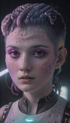 1girl,solo,looking at viewer,short hair,black hair,jewelry,multicolored hair,parted lips,teeth,artist name,black eyes,lips,grey eyes,makeup,portrait,eyeshadow,freckles,science fiction,realistic,nose,eyeliner,cyborg,cyberpunk,blue eyes,purple hair,dark skin,eyelashes,watermark,close-up,dirty,dark background,dreadlocks