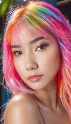 1girl,solo,long hair,looking at viewer,bangs,bare shoulders,brown eyes,closed mouth,collarbone,upper body,pink hair,multicolored hair,blurry,lips,eyelashes,makeup,blurry background,watermark,thick eyebrows,plant,portrait,web address,close-up,realistic,nose,rainbow hair,blonde hair,artist name,orange hair,streaked hair