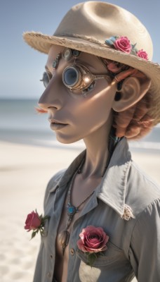 1girl,solo,short hair,blue eyes,brown hair,shirt,hat,jewelry,upper body,braid,flower,outdoors,parted lips,open clothes,day,dark skin,necklace,blurry,flat chest,lips,open shirt,depth of field,blurry background,rose,ocean,beach,goggles,red flower,pendant,sun hat,red rose,realistic,nose,sand,straw hat,unbuttoned,hat flower,denim jacket,jacket,male focus,makeup,leaf,gem,pink rose