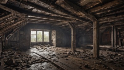 day,indoors,dutch angle,no humans,window,chair,sunlight,scenery,light rays,wooden floor,door,ruins,broken,crack,debris,broken glass,rubble,broken window,rock