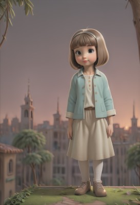 1girl,solo,looking at viewer,short hair,bangs,skirt,brown hair,shirt,dress,brown eyes,closed mouth,standing,jacket,full body,pantyhose,hairband,outdoors,open clothes,sky,shoes,socks,blunt bangs,blurry,open jacket,tree,lips,blurry background,brown footwear,bob cut,grass,blue jacket,loafers,building,child,white pantyhose,arms at sides,female child,castle,white shirt,flower,nail polish,watermark