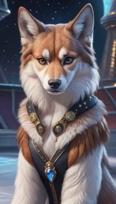 solo,looking at viewer,brown eyes,jewelry,upper body,outdoors,sky,necklace,blurry,collar,no humans,night,animal,brooch,gem,star (sky),night sky,pendant,starry sky,dog,animal focus,blue gemstone,blue eyes,artist name,moon,fur collar,white fur