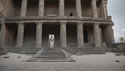 1girl,solo,long hair,brown hair,1boy,dress,holding,standing,weapon,male focus,outdoors,barefoot,pants,sword,holding weapon,tree,holding sword,plant,building,scenery,walking,stairs,white pants,ruins,wide shot,pillar,statue,sky,day,cloud,white dress,blue sky,staff,cloak,robe,rock,palm tree,architecture,white robe,arch,column