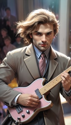 solo,looking at viewer,short hair,blue eyes,blonde hair,brown hair,shirt,long sleeves,1boy,holding,closed mouth,jacket,male focus,necktie,solo focus,collared shirt,indoors,blurry,lips,blurry background,facial hair,formal,suit,instrument,beard,realistic,music,guitar,playing instrument,holding instrument,electric guitar,crowd,bass guitar,standing,upper body,artist name,signature,serious,pink necktie