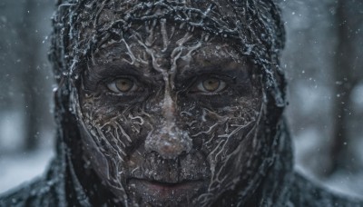 1girl,solo,looking at viewer,black hair,1boy,brown eyes,closed mouth,male focus,outdoors,dark skin,blurry,depth of field,blurry background,portrait,snow,close-up,snowing,realistic,straight-on,yellow eyes,hood,facial hair,hood up,winter