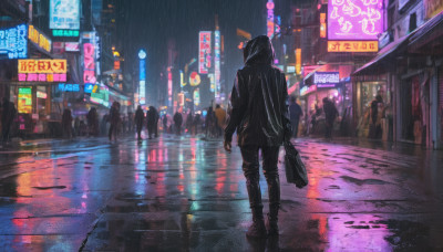 holding, standing, jacket, outdoors, solo focus, pants, hood, bag, from behind, night, building, scenery, hood up, walking, rain, city, sign, road, holding bag, multiple others, street, city lights, neon lights, people