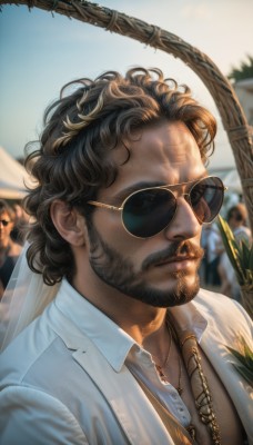 solo,looking at viewer,short hair,brown hair,shirt,black hair,1boy,jewelry,closed mouth,white shirt,upper body,male focus,earrings,outdoors,open clothes,solo focus,day,collared shirt,dark skin,necklace,blurry,lips,blurry background,facial hair,sunglasses,dark-skinned male,thick eyebrows,pectorals,plant,portrait,rope,beard,curly hair,mature male,realistic,mustache,partially unbuttoned,chest hair,aviator sunglasses,sky,blue sky,gold chain