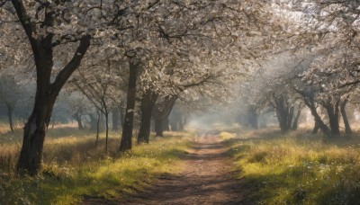 flower,outdoors,day,signature,tree,no humans,sunlight,grass,cherry blossoms,nature,scenery,forest,road,path,landscape