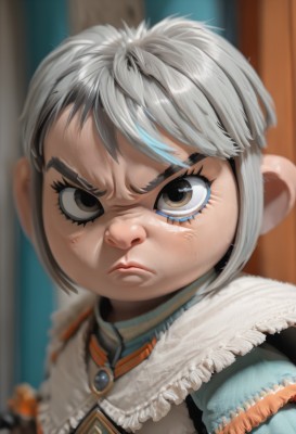 1girl,solo,looking at viewer,short hair,bangs,brown eyes,closed mouth,upper body,grey hair,multicolored hair,frills,artist name,blurry,black eyes,lips,v-shaped eyebrows,grey eyes,eyelashes,depth of field,blurry background,frown,child,portrait,angry,close-up,serious,nose,female child,jewelry,parody,realistic