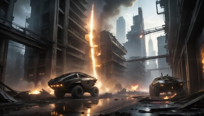 HQ,outdoors,sky,day,cloud,no humans,fire,ground vehicle,building,scenery,motor vehicle,smoke,city,car,road,ruins,bridge,vehicle focus,skyscraper,debris,burning,destruction,sparks,cloudy sky,science fiction,sports car