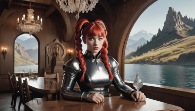 1girl,solo,long hair,looking at viewer,bangs,long sleeves,twintails,brown eyes,sitting,closed mouth,braid,red hair,day,indoors,blunt bangs,water,armor,twin braids,lips,grey eyes,window,bird,chair,table,shoulder armor,scenery,reflection,pauldrons,breastplate,mountain,red lips,candle,watercraft,leather,boat,candlestand,chainmail,plate armor,hair ornament,sky,black eyes,cross,lake,painting (object)