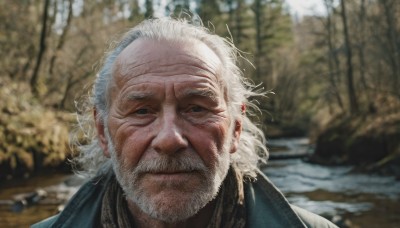 solo,looking at viewer,1boy,jewelry,closed mouth,white hair,male focus,earrings,outdoors,day,blurry,tree,blurry background,facial hair,portrait,beard,realistic,mustache,manly,old,old man,photo background,wrinkled skin,black eyes,lips,scar,scar on face,rock,scar across eye