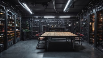 indoors,cup,no humans,window,shadow,chair,table,bottle,plant,scenery,clock,light,lamp,stool,shelf,ceiling,bar (place),ceiling light,science fiction,potted plant,cable