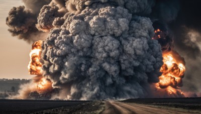 outdoors,sky,cloud,no humans,glowing,fire,scenery,glowing eyes,smoke,monster,explosion,dust,destruction,molten rock,military,ground vehicle,motor vehicle,military vehicle,battle