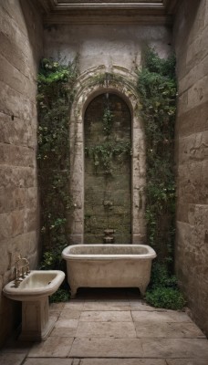 solo,1boy,sitting,outdoors,indoors,tree,no humans,window,plant,scenery,door,wall,pillar,arch,day,water,bush,bathtub,sink,faucet,overgrown