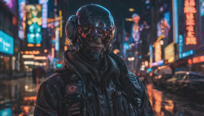 solo, 1boy, jacket, upper body, male focus, blurry, night, blurry background, helmet, science fiction, city, realistic, cyberpunk, neon lights