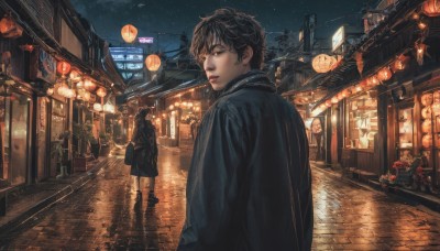 1girl,looking at viewer,short hair,brown hair,black hair,1boy,2girls,brown eyes,standing,outdoors,sky,solo focus,looking back,bag,from behind,scarf,lips,coat,dutch angle,night,plant,building,star (sky),night sky,scenery,starry sky,reflection,walking,black coat,lantern,city,sign,realistic,road,architecture,east asian architecture,power lines,street,paper lantern,pavement,bangs,long sleeves,jacket,male focus,boots,parted lips,multiple boys,black footwear,black jacket,window,rain,handbag,potted plant,shop,people,vanishing point,storefront