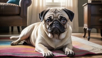 HQ,solo,looking at viewer,brown eyes,full body,lying,day,indoors,no humans,window,animal,chair,table,sunlight,curtains,couch,claws,dog,wooden floor,realistic,animal focus,carpet,rug,closed mouth,on side,puppy