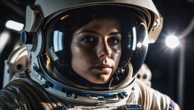 1girl,solo,looking at viewer,blue eyes,black hair,signature,blurry,black eyes,lips,blurry background,helmet,portrait,lens flare,freckles,reflection,science fiction,realistic,light,space,dirty,spacesuit,space helmet,astronaut,1boy,brown eyes,male focus,sun,planet,earth (planet),spacecraft