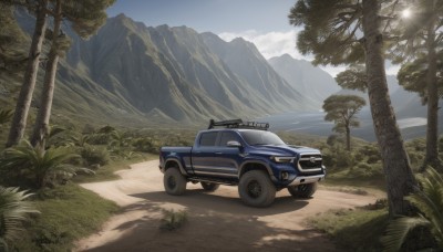 outdoors,sky,day,cloud,tree,blue sky,no humans,shadow,sunlight,grass,ground vehicle,nature,scenery,motor vehicle,forest,mountain,palm tree,sun,car,road,vehicle focus,mountainous horizon,plant,bush,landscape