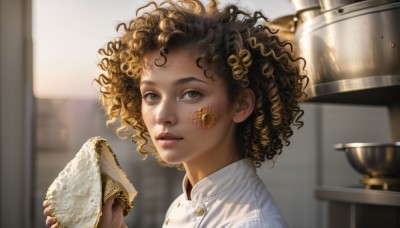 1girl,solo,looking at viewer,short hair,brown hair,shirt,1boy,holding,brown eyes,upper body,male focus,parted lips,food,indoors,dark skin,blurry,dark-skinned female,lips,buttons,blurry background,holding food,portrait,androgynous,freckles,curly hair,realistic,nose,kitchen,afro,chef,black hair,hair ornament,white shirt,from side,eyelashes,messy hair,bowl,food on face,facepaint,dirty,dirty face,dirty clothes