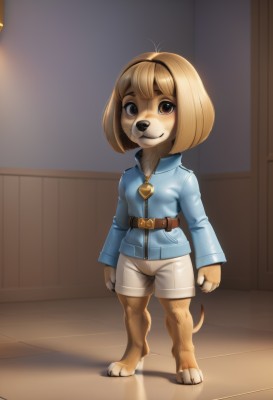 1girl,solo,breasts,looking at viewer,smile,short hair,bangs,blonde hair,brown hair,shirt,long sleeves,animal ears,brown eyes,jewelry,closed mouth,standing,jacket,tail,full body,small breasts,shorts,barefoot,belt,artist name,indoors,necklace,short shorts,bell,antenna hair,blue jacket,dog ears,furry,dog tail,white shorts,wooden floor,furry female,dog girl,body fur,animal nose,snout,furrification,hairband,bob cut,buckle,dog,belt buckle,brown fur