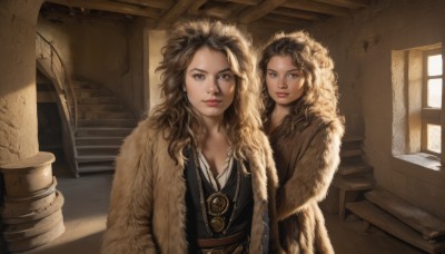 long hair,breasts,looking at viewer,smile,multiple girls,blonde hair,brown hair,2girls,cleavage,brown eyes,jewelry,closed mouth,upper body,indoors,hood,necklace,lips,fur trim,window,siblings,wavy hair,sunlight,sisters,pendant,curly hair,stairs,realistic,animification,pelt,1girl,day,belt,coat,makeup,messy hair,fur,fur coat