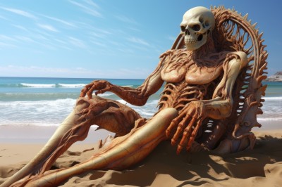 solo,sitting,outdoors,sky,day,cloud,water,blue sky,no humans,ocean,beach,skull,monster,sand,horizon,ribs,skeleton,bone,alien,1girl,breasts,medium breasts,watercraft,horror (theme),shore,desert