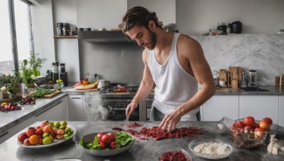 solo,short hair,brown hair,shirt,black hair,1boy,holding,bare shoulders,closed mouth,closed eyes,white shirt,male focus,food,indoors,bare arms,window,fruit,facial hair,tank top,bottle,knife,plant,beard,plate,realistic,spoon,holding knife,white tank top,cooking,kitchen,tomato,vegetable,frying pan,sink,lettuce,cutting board,onion,apron,sideburns,apple,jar,refrigerator,stove,potato