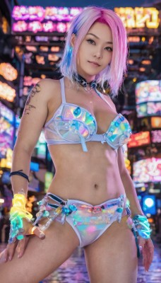 1girl,solo,breasts,looking at viewer,smile,short hair,blue eyes,gloves,navel,jewelry,medium breasts,blue hair,standing,swimsuit,pink hair,bikini,multicolored hair,cowboy shot,earrings,choker,dark skin,fingerless gloves,medium hair,nail polish,bra,blurry,collar,bracelet,two-tone hair,dark-skinned female,lips,tattoo,makeup,blurry background,piercing,ear piercing,realistic,arm tattoo,cyberpunk,cleavage,purple hair,white hair,artist name,fingernails,see-through,watermark,white bikini,ring,light smile,hand on own thigh,neon lights