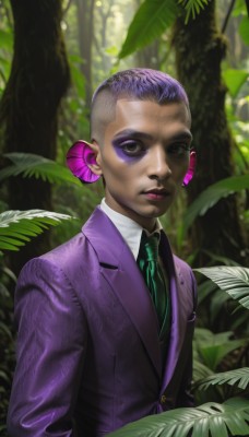 solo,looking at viewer,short hair,shirt,hair ornament,1boy,closed mouth,jacket,white shirt,upper body,purple hair,flower,male focus,multicolored hair,outdoors,necktie,collared shirt,artist name,hair flower,black eyes,tree,makeup,leaf,formal,suit,plant,lipstick,nature,eyeshadow,forest,realistic,purple jacket,very short hair,green necktie,green eyes,earrings,dark skin,blurry,dark-skinned male