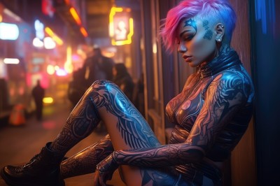 1girl,solo,breasts,short hair,cleavage,jewelry,medium breasts,sitting,blue hair,closed eyes,pink hair,multicolored hair,earrings,boots,outdoors,parted lips,shoes,solo focus,necklace,blurry,from side,lips,clothing cutout,tattoo,profile,makeup,night,blurry background,piercing,lipstick,ear piercing,eyeshadow,knee up,realistic,nose,eyeliner,arm tattoo,undercut,leg tattoo,mohawk,cyberpunk,neck tattoo,neon lights,full-body tattoo,gloves,small breasts,shorts,dark skin,fingerless gloves,collar,stud earrings,very short hair,nose piercing