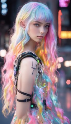 1girl,solo,long hair,looking at viewer,bangs,blue eyes,blonde hair,dress,bare shoulders,jewelry,very long hair,closed mouth,blue hair,upper body,pink hair,multicolored hair,earrings,sleeveless,belt,artist name,blurry,from side,two-tone hair,lips,grey eyes,eyelashes,gradient hair,makeup,depth of field,blurry background,watermark,wavy hair,web address,realistic,nose,bokeh,rainbow hair,breasts,white hair,necklace,expressionless,piercing,gem,ear piercing,armlet,science fiction,cyberpunk