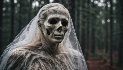 solo,looking at viewer,1boy,upper body,male focus,outdoors,teeth,blurry,no humans,blurry background,nature,veil,facing viewer,forest,skull,bamboo,skeleton,horror (theme),bamboo forest,monster,realistic,bridal veil,grey skin,statue