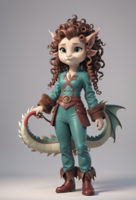 1girl,solo,long hair,smile,simple background,brown hair,shirt,long sleeves,animal ears,jewelry,closed mouth,green eyes,standing,tail,full body,boots,wings,horns,pointy ears,belt,pants,artist name,grey background,:3,brown footwear,claws,furry,curly hair,furry female,blue pants,brown belt,holding own tail,white background