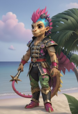 solo,looking at viewer,smile,1boy,holding,brown eyes,jewelry,standing,tail,full body,weapon,pink hair,male focus,multicolored hair,earrings,boots,outdoors,sky,day,cloud,water,holding weapon,armor,black eyes,tree,ocean,beach,polearm,furry,sand,palm tree,furry male,mohawk,lizard tail,dragon boy,animal ears,blue hair,necklace,bracelet,two-tone hair,leaf,piercing