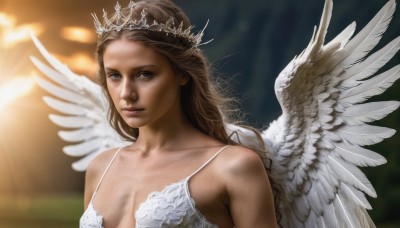 1girl,solo,long hair,breasts,looking at viewer,brown hair,dress,cleavage,bare shoulders,brown eyes,medium breasts,collarbone,upper body,small breasts,wings,white dress,blurry,lips,blurry background,tiara,crown,feathered wings,angel wings,realistic,white wings,angel,blue eyes,sunlight,feathers