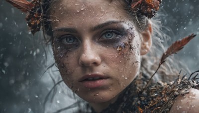 1girl,solo,looking at viewer,blue eyes,hair ornament,parted lips,artist name,blurry,lips,eyelashes,feathers,portrait,snow,close-up,freckles,snowing,realistic,arrow (projectile),winter,dirty,short hair,flower,outdoors,teeth,hair flower,wind