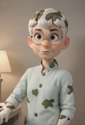 solo,looking at viewer,blush,smile,short hair,shirt,gloves,1boy,brown eyes,closed mouth,white shirt,upper body,white hair,male focus,multicolored hair,glasses,collared shirt,indoors,white gloves,two-tone hair,buttons,child,sleeves rolled up,freckles,pocket,round eyewear,lamp,breast pocket,male child,camouflage,black hair,artist name,leaf,realistic