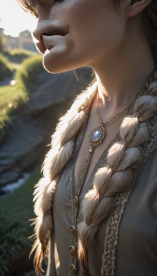 1girl,solo,long hair,smile,open mouth,brown hair,shirt,1boy,jewelry,closed eyes,upper body,braid,male focus,earrings,outdoors,teeth,day,pointy ears,artist name,necklace,blurry,flat chest,lips,fur trim,profile,buttons,depth of field,blurry background,piercing,sunlight,gem,pendant,freckles,realistic,nose,stud earrings,breasts,blush,bangs,blonde hair,black hair,cleavage,collarbone,multicolored hair,small breasts,tongue,mole,twin braids,from side,upper teeth only,hair over shoulder,close-up,backlighting,head out of frame