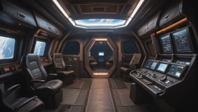 indoors,no humans,window,chair,scenery,science fiction,realistic,space,computer,monitor,planet,earth (planet),spacecraft,cockpit,seat,sitting,screen