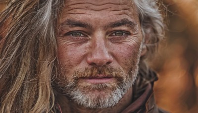 solo,looking at viewer,blonde hair,brown hair,1boy,brown eyes,closed mouth,white hair,grey hair,male focus,blurry,lips,depth of field,blurry background,facial hair,portrait,beard,close-up,realistic,mustache,hand on own head,old,old man,wrinkled skin,signature,grey eyes,scar,manly