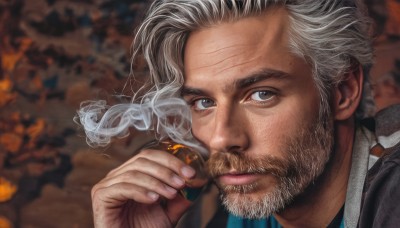 solo,looking at viewer,1boy,holding,jacket,grey hair,male focus,blurry,grey eyes,blurry background,facial hair,portrait,beard,smoke,mature male,realistic,mustache,smoking,manly,old,old man,cigar,wrinkled skin,blue eyes,shirt,closed mouth,upper body,outdoors,necktie,striped,collared shirt,hand up,signature,mole,cup,lips,fingernails,depth of field,scar,blue shirt,holding cup,nose