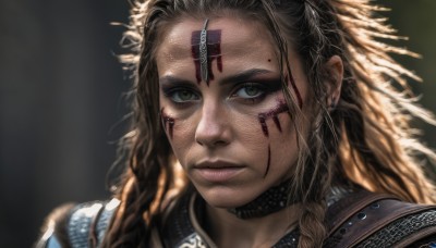 1girl,solo,long hair,looking at viewer,blonde hair,brown hair,hair ornament,brown eyes,jewelry,closed mouth,green eyes,braid,earrings,choker,artist name,armor,mole,blurry,lips,mole under eye,blurry background,facial mark,piercing,portrait,forehead,freckles,realistic,nose,facepaint,chainmail,signature,scar,scar on face,close-up,serious,multiple braids