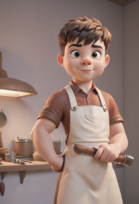 solo,looking at viewer,smile,short hair,brown hair,shirt,1boy,holding,brown eyes,standing,short sleeves,male focus,collared shirt,indoors,apron,thick eyebrows,child,lamp,brown shirt,male child,ladle,kitchen,table,knife,cooking,frying pan