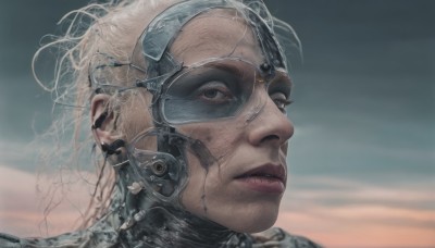 1girl,solo,looking at viewer,short hair,brown eyes,white hair,outdoors,sky,blurry,lips,scar,goggles,portrait,science fiction,realistic,nose,cyborg,1boy,closed mouth,male focus,cloud,black eyes,from side,blurry background,expressionless,close-up,veins,android,looking afar,dirty,damaged,cyberpunk,mechanical parts,cracked skin