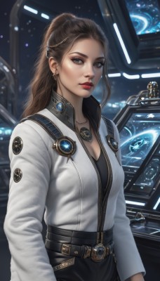 1girl,solo,long hair,breasts,looking at viewer,brown hair,long sleeves,cleavage,brown eyes,jewelry,medium breasts,jacket,ponytail,earrings,belt,signature,necklace,lips,makeup,lipstick,forehead,science fiction,realistic,nose,red lips,hair pulled back,shirt,standing,white shirt,pants,uniform,black pants,eyeshadow,emblem