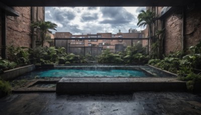 outdoors,sky,day,cloud,water,tree,blue sky,no humans,window,cloudy sky,plant,building,scenery,ruins,letterboxed,fence,palm tree,road,bush,wall,house,bridge