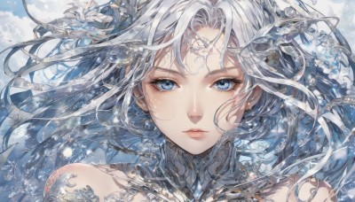 1girl,solo,long hair,looking at viewer,blue eyes,bare shoulders,jewelry,closed mouth,white hair,grey hair,earrings,cloud,water,lips,eyelashes,floating hair,portrait,close-up,bangs,hair ornament,flower,facial mark,expressionless,wind,scales,straight-on